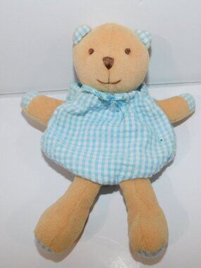 VTG Eden Tan Bear Blue White Gingham outfit Rattle 7" Plush Stuffed Baby Lovey
